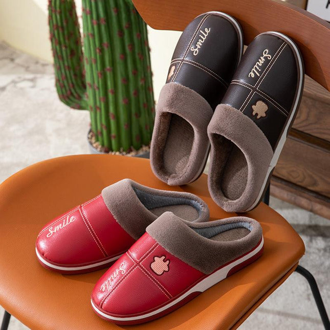 New pu leather waterproof cotton slippers female autumn and winter home large size couple plus velvet thick bottom warm cotton drag men wholesale - Viva Vista Store