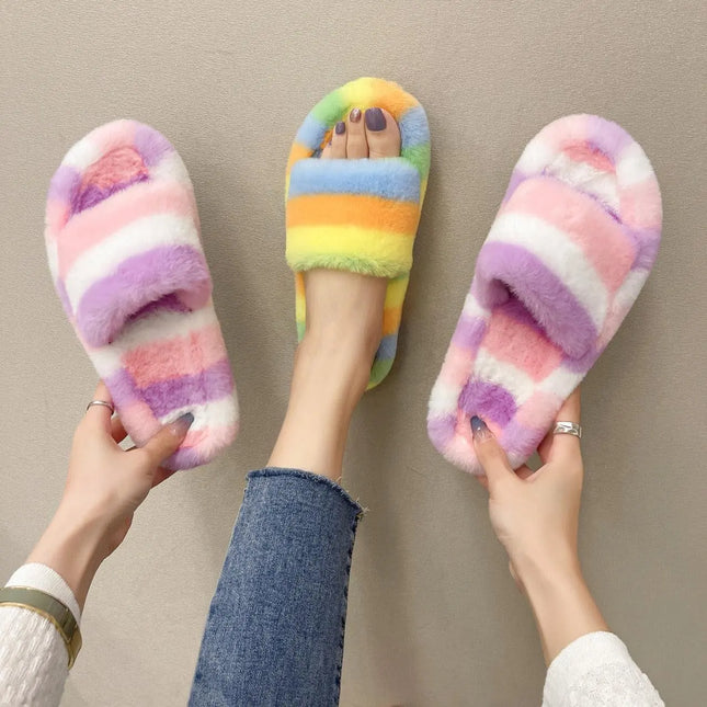 Colorful fur slippers female 2021 new cross-border foreign traders colored plush word trap chamber cotton drag women's shoes - Viva Vista Store