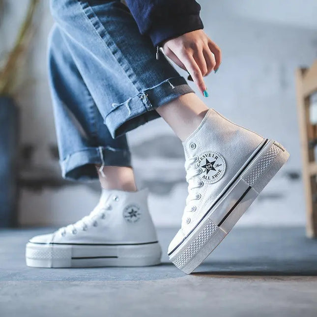 Thick bottom increase canvas shoes female 2021 spring new Korean white shoes casual trend high help students women's shoes 8515 - Viva Vista Store
