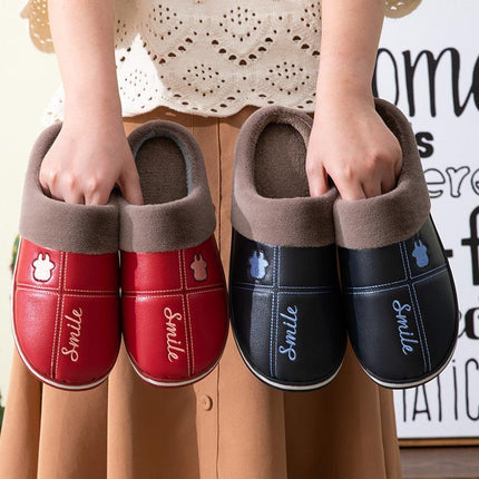 New pu leather waterproof cotton slippers female autumn and winter home large size couple plus velvet thick bottom warm cotton drag men wholesale - Viva Vista Store