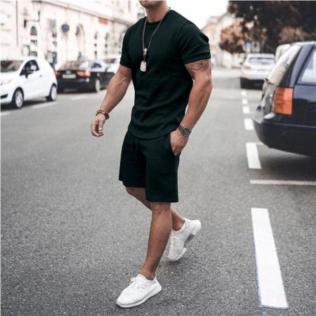Cross-border 2021 men's solid color summer European and American short-sleeved shorts suit foreign trade men's sports casual suit spot - Viva Vista Store