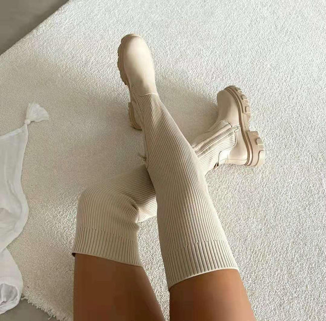 Autumn and Winter Foreign Trade Thick Sole Over Knee Boots for Women Cross border Elastic Flyknit High Sleeve Boots with Round Toe Breathable Single Shoes Amazon - Viva Vista Store