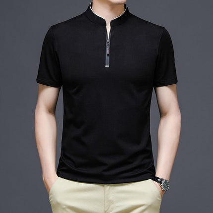 Summer new young people short-sleeved t-shirt male business casual men's half-sleeved collar zipper solid color bottom - Viva Vista Store