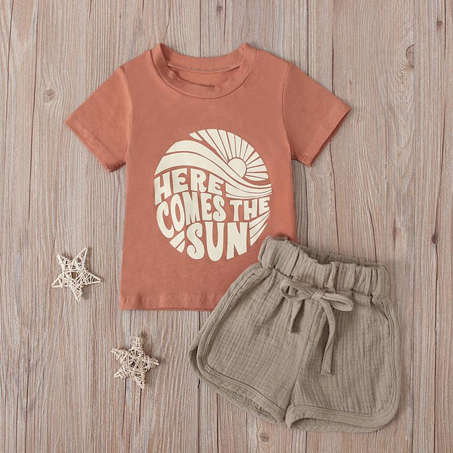 Children's European and American summer girls' alphabet print short-sleeved top + light brown shorts two-piece children's clothing ins - Viva Vista Store