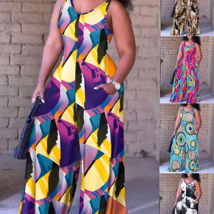 T9050 plus-size women's AliExpress new cross-border European and American fashion print loose slip jumpsuit - Viva Vista Store