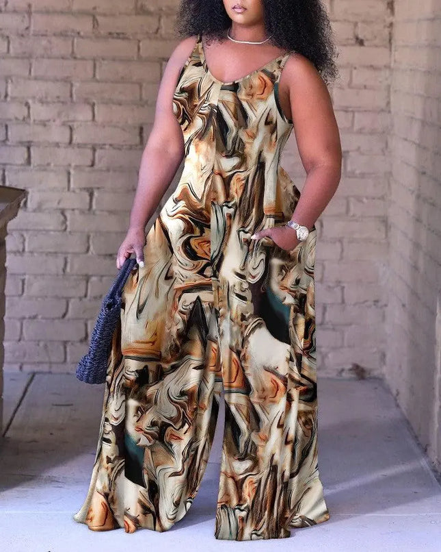 T9050 plus-size women's AliExpress new cross-border European and American fashion print loose slip jumpsuit - Viva Vista Store