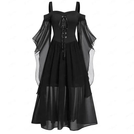 Gothic Dresses for Women Halloween, Plus Size Cold Shoulder Butterfly Sleeve Lace Up Dress Mesh Gothic Dresses - Viva Vista Store