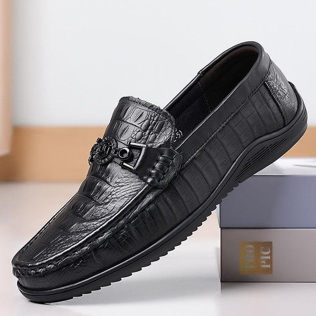 First layer leather peas shoes men's leather crocodile set foot black skin fish pattern casual shoes men a pedal large size men's shoes - Viva Vista Store