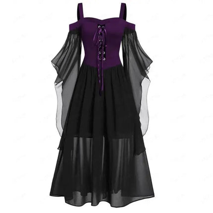 Gothic Dresses for Women Halloween, Plus Size Cold Shoulder Butterfly Sleeve Lace Up Dress Mesh Gothic Dresses - Viva Vista Store