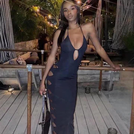 Europe and the United States 2022 summer new women's foreign trade explosions sexy deep V hollow lace halter neck halter dress women - Viva Vista Store