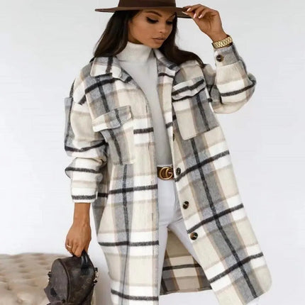 Spring New Plaid Long Blouses Coat Women Casual Vintage Shirt Jacket Female Woolen Blends Printed Overcoat Streetwear - Viva Vista Store