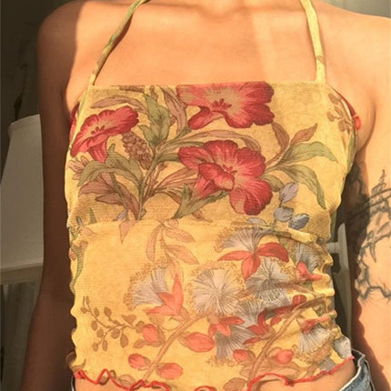Rapcopter Floral y2k Crop Top Mesh See Through Sexy Corset Top Frill Cross Halter Sweats Female Summer Party Clubwear Cute Vests - Viva Vista Store
