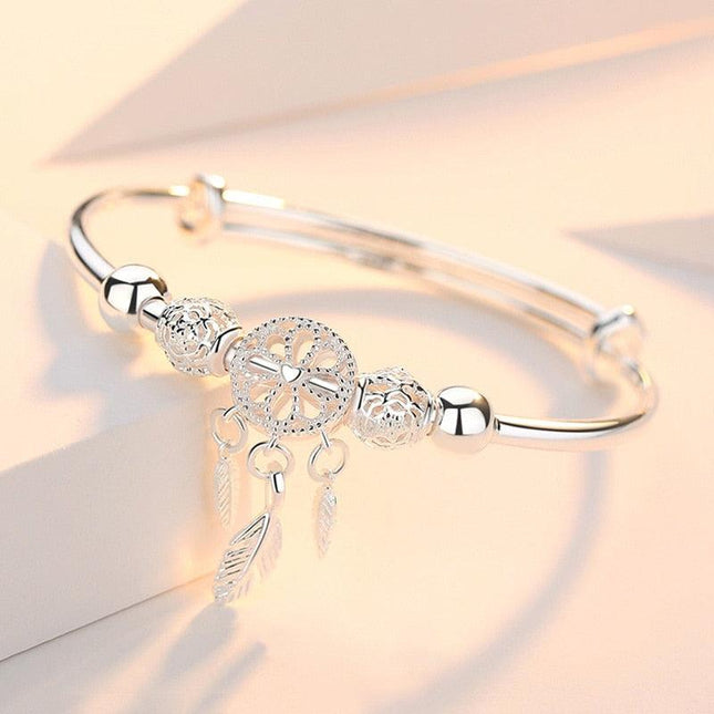 Adjustable size 925 Silver Color Bangle cuff Dreamcatcher Tassel Feather Round Bead Charm Bracelet jewelry For Women wedding - Viva Vista Store