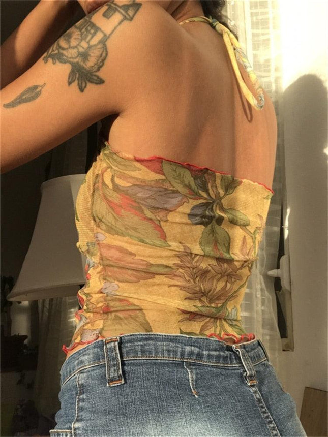Rapcopter Floral y2k Crop Top Mesh See Through Sexy Corset Top Frill Cross Halter Sweats Female Summer Party Clubwear Cute Vests - Viva Vista Store