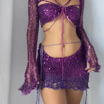 Distressed Knitted Sequin Three Piece Set - Viva Vista Store