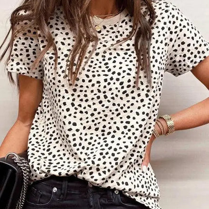 Leopard point short-sleeved round neck pullover loose casual t-shirt for women - Viva Vista Store