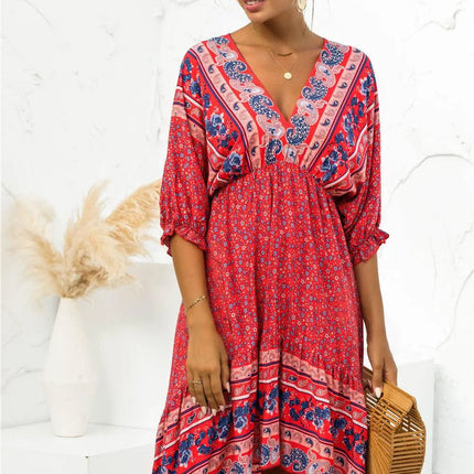 Printed Bohemian V Neck Dress - Viva Vista Store