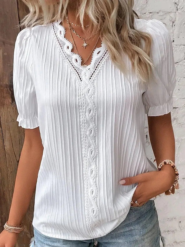 V Neck Plain Lace Elegant Shirt - Viva Vista Store