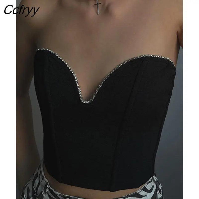 Ccfryy Y2K Sleeveless Vintage Bustier Corset Tops Women Night Club Sexy Backless Off Shoulder Diamonds Black Tube Crop Tops 2023 - Viva Vista Store