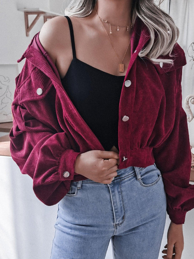 Lantern Sleeve Cropped Corduroy Jacket For Women - Viva Vista Store