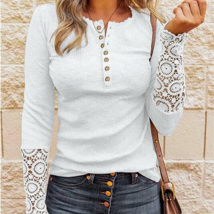 Voguable Lace Splicing Top Long Sleeve T Shirt Woman Button Slim Tops Tee Autumn Spring Patchwork Sleeve T-shirt Women Sexy Streetwear - Viva Vista Store