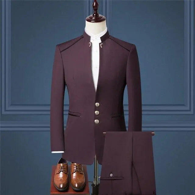 Stand Collar Men Blazer Pants Vest Business Men's Wedding Suit Jacket Coat Trousers Waistcoat High Quality Slim Vest Dress Set - Viva Vista Store