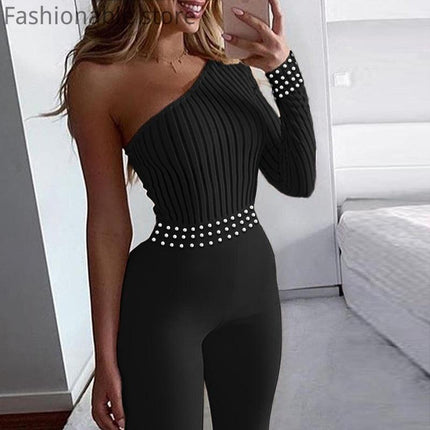 Women Single Shoulder Long Sleeve Beads Design Solid Color Jumpsuit - Viva Vista Store