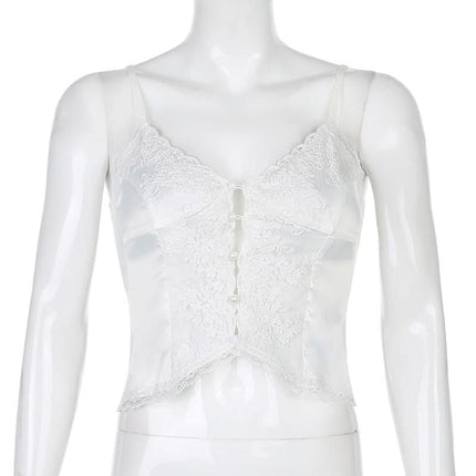 Y2K White Lace Button Up Hollow Out Cami - Viva Vista Store