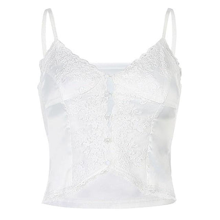 Y2K White Lace Button Up Hollow Out Cami - Viva Vista Store