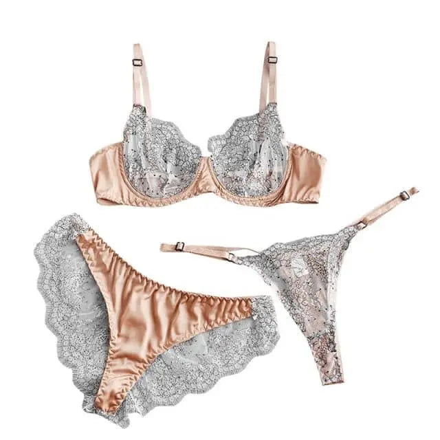 Brown Mesh Underwire Bra Three-Piece Panties Lingerie Set - Viva Vista Store