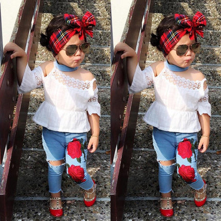 Newest Toddler Kids Girls Lace Tops Shirt Flower Jeans Denim Pants Outfits Set - Viva Vista Store