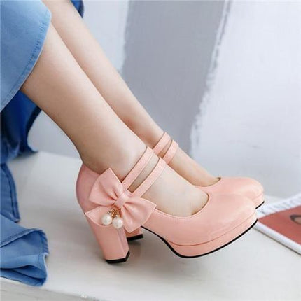 Sweet Butterfly-Knot Women Pumps Round Toe Square High Heels - Viva Vista Store